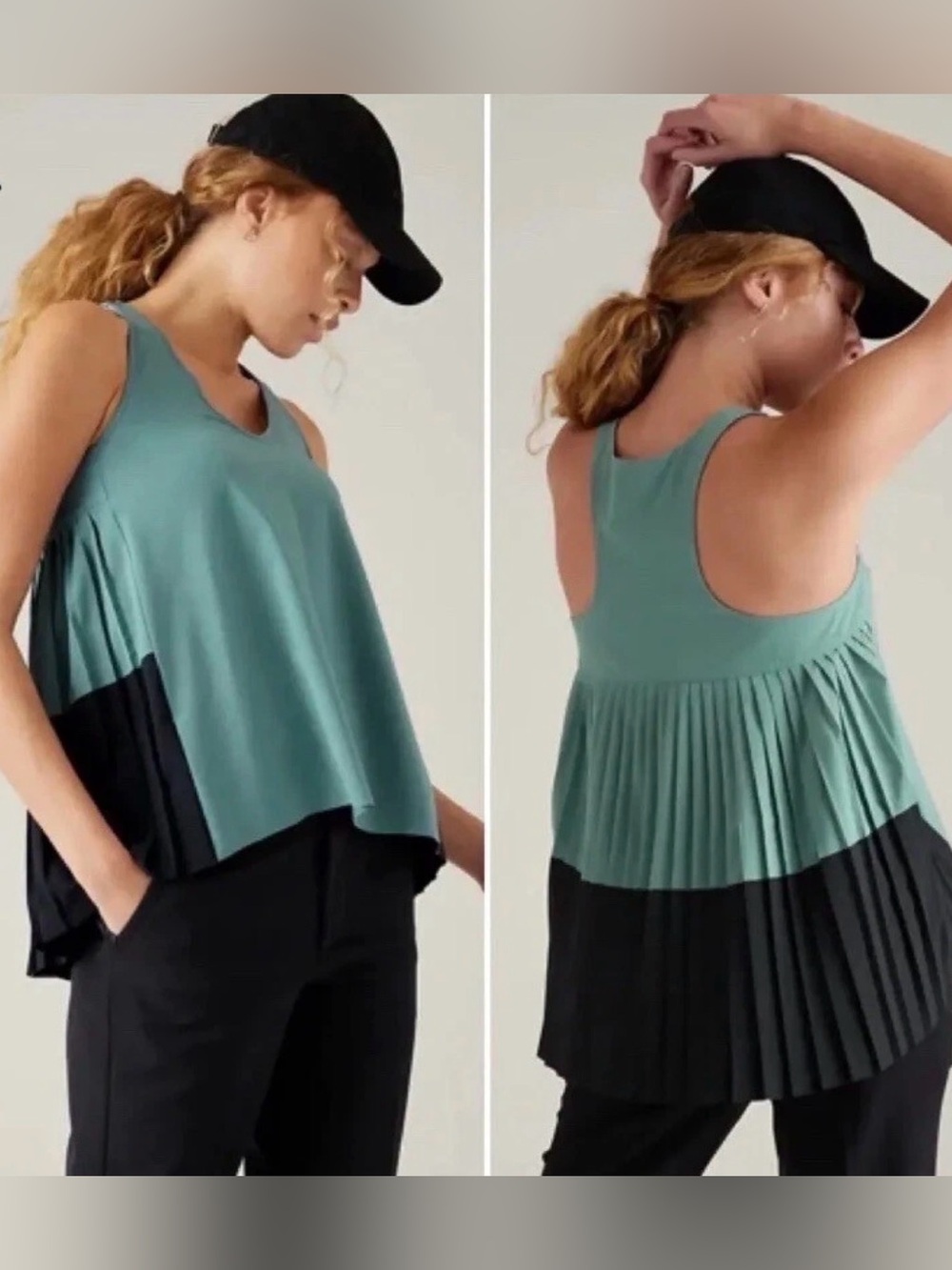 NWT Athleta Swing Forward Pleated Tank Top Med Teal/Black Relaxed Size Small
